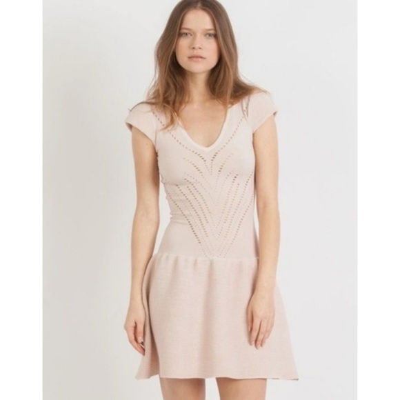 Maje Dresses & Skirts - Maje Majeeryne Knit Fitted Lazer Mini Dress Light Pink Flare Ruffle